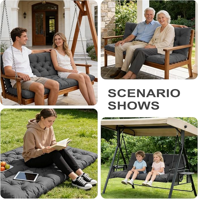 Porch Swing Cushions,Outdoor Cushions 3 Seater Replacement with Backrest, Waterproof Thickened Bench Cushion with Ties for Porch, Patio,Outdoor, Backyard and Garden (Dark Gray 40 * 40 in)