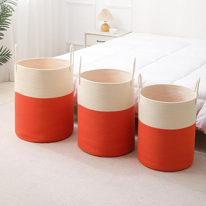 Woven Laundry Hamper Tall Rope Storage Basket for Blanket oys Dirty Clothes in Living Room Bathroom Bedroom (White&Orange, 80L/21.3Gal)