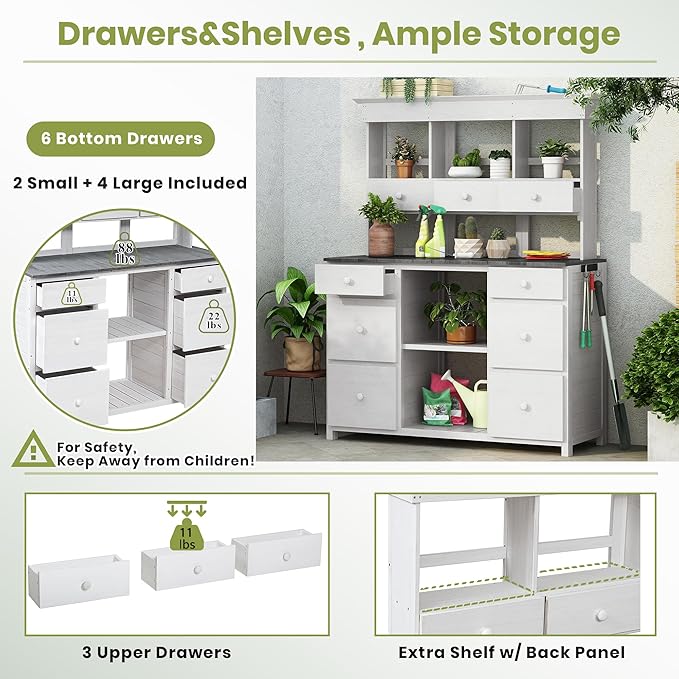 Garden Potting Bench Table, Rustic and Sleek Design Wood Outdoor Garden Work Bench with Multiple Drawers and Shelves for Storage,Patio Workstation for Garden, Patio, and Backyard (White+Gray#018)