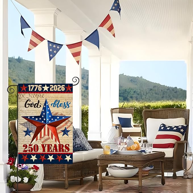 250 Anniversary USA Garden Flags for Outside,4th of July 250th Year America Banner,God Bless United States 12x18 Inch Double-Sided with Patriotic Star,1776-2026 America Merchandise for Yard Decoration