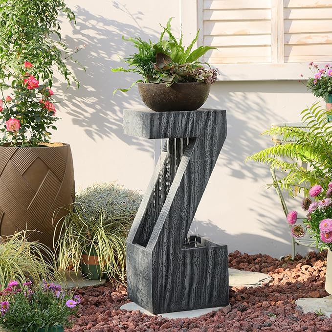 32" Modern Z-Shaped Rain Curtain Outdoor Fountain with LED Lights, Gray Resin Cascading Waterfall Water Feature for Patio, Backyard, Garden or Porch