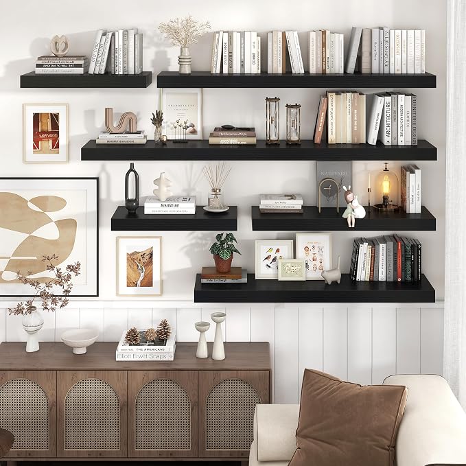 48 Inch Floating Shelves for Wall, 12"D Wood Storage Shelves, Black Finish
