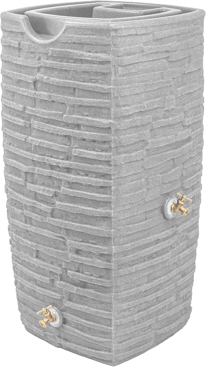 Good Ideas Impressions Riverwalk 50 Gallon Faux Slate Surface Dual Spigot Rain Barrel with 2 Brass Spigots and Screen, Light Granite (2 Pack)