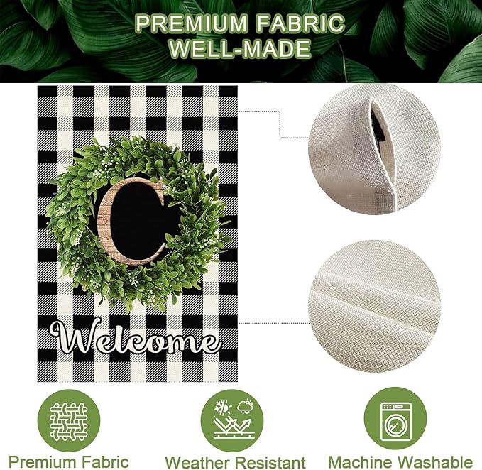 Baccessor Monogram Letter C Garden Flag 28 x 40 Inch, Buffalo Plaid Family Last Name Initial Boxwood Wreath Welcome Vertical Double Sided Large Flags for Outdoor Outside Decoration