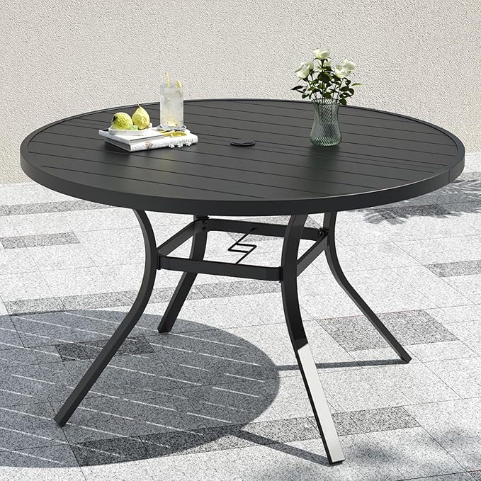 Anmutig 4-6 Person 48" Patio Round Table with Adjustable Umbrella Hole for Outdoor 4ft Black Metal Dining Table, All Weather