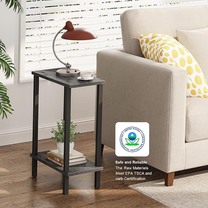 TUTOTAK Narrow Side Table Set of 2, Small End Table for Couch | 2-Tier Skinny Sofa Table, Slim Nightstand, Easy Assembly for Living Room, Bedroom, Grey TB01BY0622