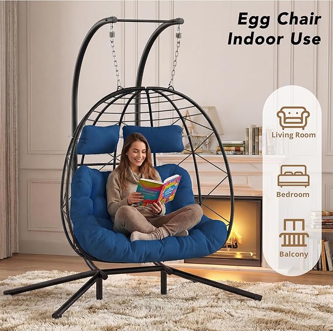 Easyego 2-Person Wicker Hanging Egg Chair with Stand- 700 lb Capacity, Indoor/Outdoor Double Egg Swing Hammock Chair for Patio, Garden, Porch, Living Room, Bedroom-Dark Blue