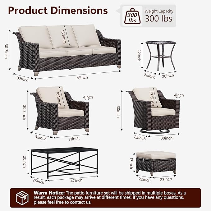 8 Pieces Wicker Patio Furniture, Luxury Outdoor Furniture with 2 Patio Swivel Chair, 2 Patio Chair, 3-Seater Sofa, 2 Patio Ottoman and 1 Side Table, Wide Armrest, Thickened Cushions