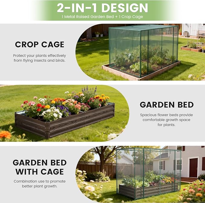 DoCred Crop Cage with Raised Garden Bed, 84.6" x 45.3" x 59" Plant Protection Tent Garden Cages with Window, 2 in 1 Galvanized Raised Garden Bed Kit and Mesh Cover for Garden, Yard, Lawn