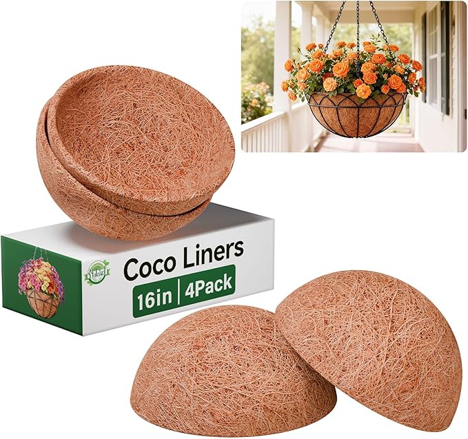 Halatool 4 Pack 16 Inch Hanging Basket Liners Round Coconut Liners for Planters 100% Natural Coco Coir Liner for Flowers Vegetables Herbs