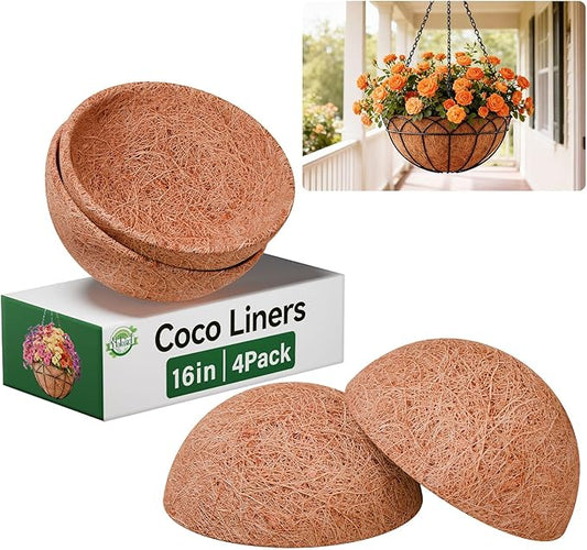 Halatool 4 Pack 16 Inch Hanging Basket Liners Round Coconut Liners for Planters 100% Natural Coco Coir Liner for Flowers Vegetables Herbs
