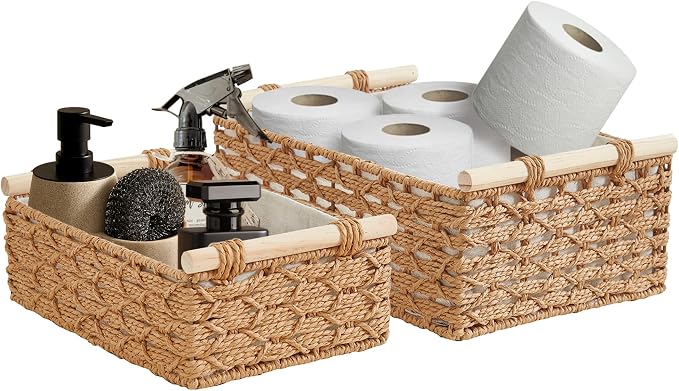 DECOMOMO Paper Rope Wicker Storage Basket, Bathroom Organizer | Back of Toilet Basket, Toilet Tank Tray, Countertop, Home Decor (Set of 2, Beige)