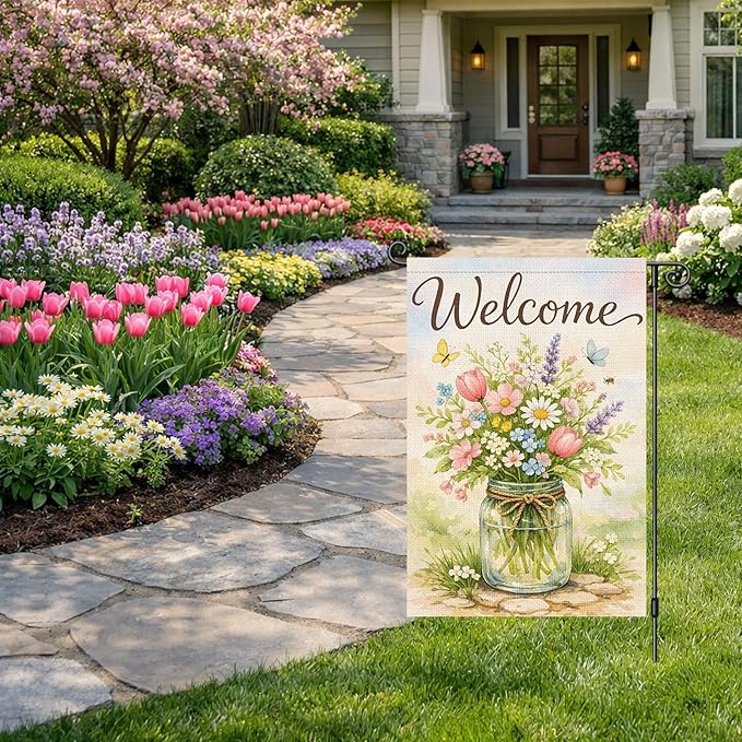 Heyfibro Welcome Spring Garden Flag 12x18 Inch Double Sided Butterfly Floral Garden Flag Small Farmhouse Flags for Outside House Yard Seasonal Spring Outdoor Decorations