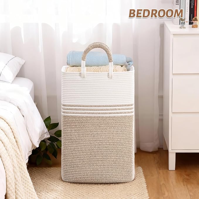 Laundry Basket Hamper,Blanket Storage,Dirty Clothes Hamper with Swivel Handles,Woven Cotton Rope Toy Baskets,Blanket Basket Living Room,Decorative Hampers for Nursery,Bedroom,White & Linen,80L