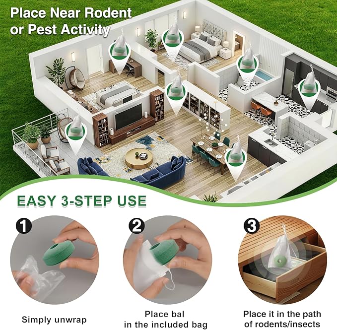 Rodents Repellent with Peppermint Oil - Mouse, Rat & Squirrel Repellent for Garage, Attic, Car Engines, Natural Mice/Mole Deterrent for Indoor/Outdoor, Safe vs Moth Balls & Traps (24 Pack)