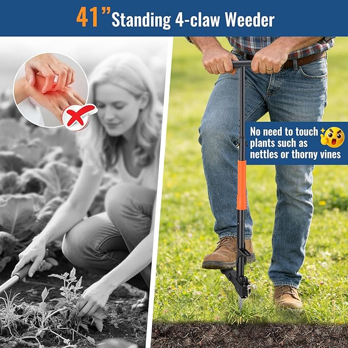 Stand Up Weed Puller with Quick-Release Ejector& Foot Pedal-Easily Remove Weeds Root Without Bending, Pulling or Kneeling! 41" Adjustable T-Handle, 4-Claw Steel Head Tool for Effortless Garden Weeding