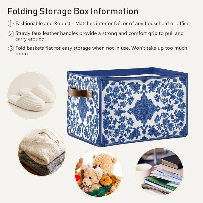 Wamika Blue White Porcelain Storage Basket with Waterproof Liner and PU Handles Flowers Storage Bins Boxes 14.2" Collapsible Decorative Organizer Baskets for Bedroom Closet Office 1 Pack