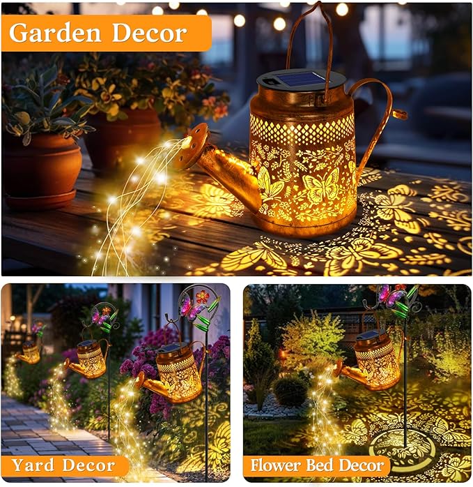 2 Pack Solar Butterfly Watering Can Lights, Gifts for Mom Grandma Women Wife Daughter Mother's Day, Waterproof Outdoor Decor Lights with Shepherd Hook, Hanging Lantern Lights for Yard Garden Backyard