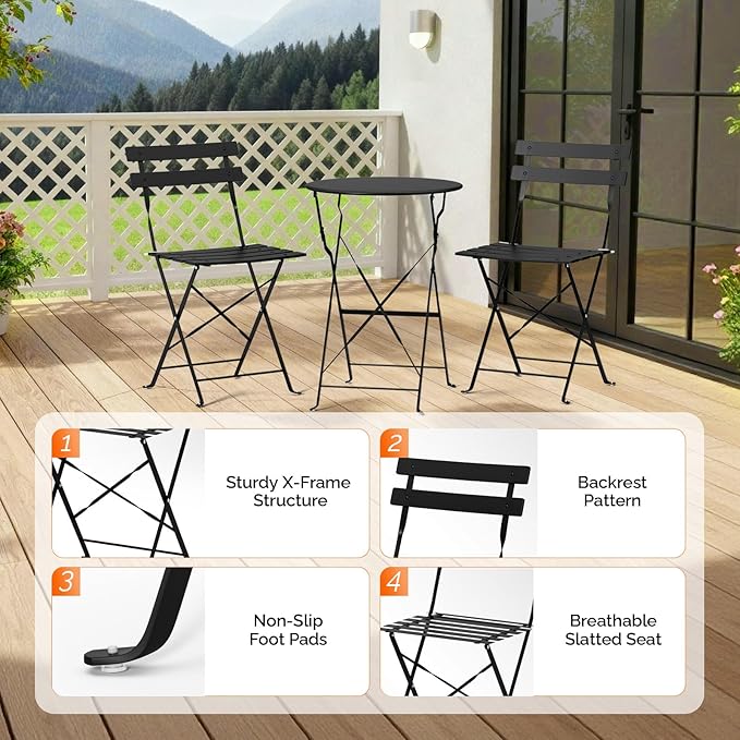 VINGLI Outdoor Folding Bistro Table and Chairs Set of 2, 3-Piece Bistro Set with Premium Steel Frame for Patio, Balcony, Garden, Porch, Yard, Black