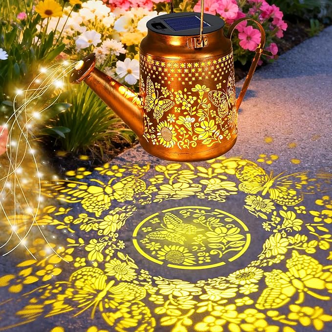 VOOKRY 2 Pack Butterfly Metal Solar Watering Can Lights, Solar Lights Outdoor Waterproof, Gifts for Women Mom Grandma Mother's Day, Hanging Lanterns Decorative Garden Decor for Outside Yard Patio Lawn
