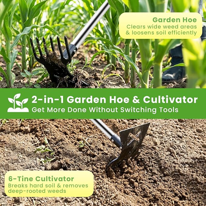 2-in-1 Garden Hoe & Weed Puller Tool with Long Handle, 57" Garden Weeders and Cultivators, Heavy Duty Manual Weed Remover Tool with 6-Tine Weeding Rake for Weeds Grass in Lawn, Garden, Yard, Patio