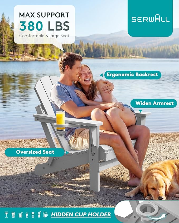 SERWALL Foldable Adirondack Chair Set of 2, Weather Resistant for Patio Chairs with Cup Holder Patio Garden Outdoors Fire Pit-Space Grey