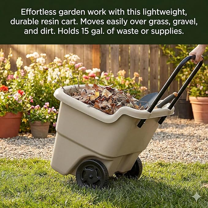 15-Gallon Rolling Garden Cart & Utility Wagon – Lightweight Resin Yard Waste Bin with Telescoping Handle & 7-Inch Wheels – Portable Outdoor Organizer for Lawn, Mulch, Firewood (Beige)