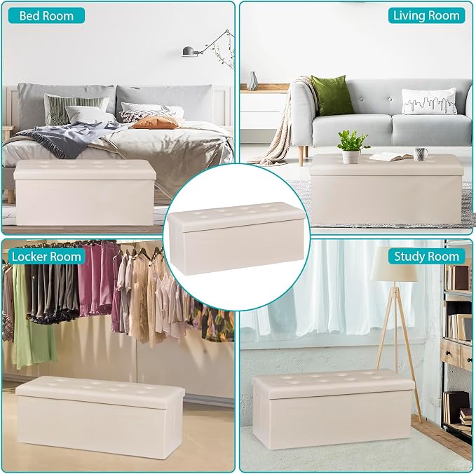 JupiterForce Storage Ottoman Bench, 43 Inches Folding Faux Leather Ottoman Footrest Bench with Storage&Padded Seat for Living Room, Bedroom, Entryway, Holds up to 660lbs, Beige