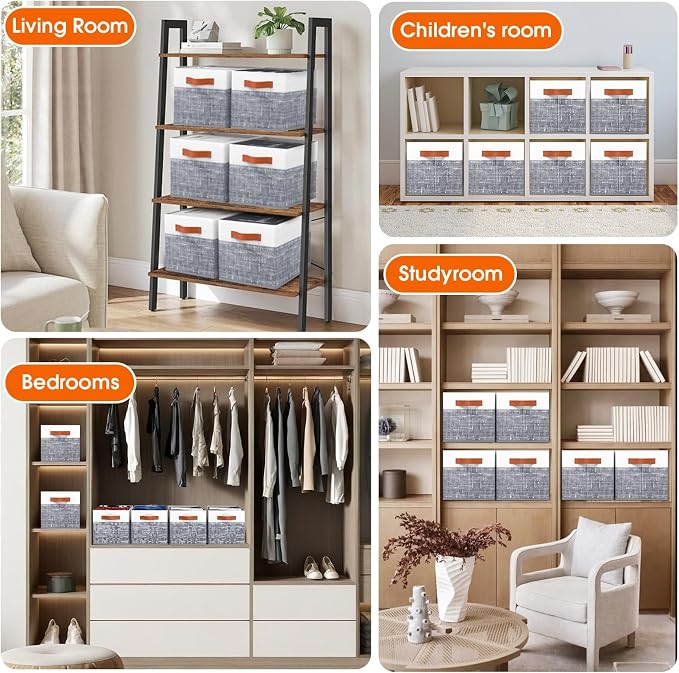 Fab totes Collapsible Storage Baskets for Shelves,14"x10", 6 Pack Foldable Fabric Storage Bins with Double Leather Handles, Large Baskets for Organizing Books, Clothes, White & Grey