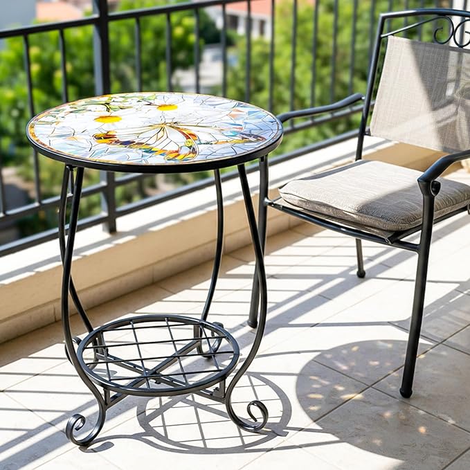 Outdoor Patio Side Table - 14" Metal Small Round Coffee Tables, Flower Butterfly Style Accent Stand End Snack Desk for Indoor Outside Balcony Yard Porch Bedside Poolside Garden Home Decoration
