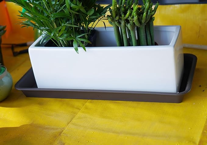 VUWEZ 2 Pack of Plastic Plant Tray Saucer Rectangular 14 inch, Plant Trays Saucers for Indoors Outdoor, Plant Water Drip Tray for Flower Pot Planter, Windowsill Plant Tray (6.8 X 14.5'', Brown)