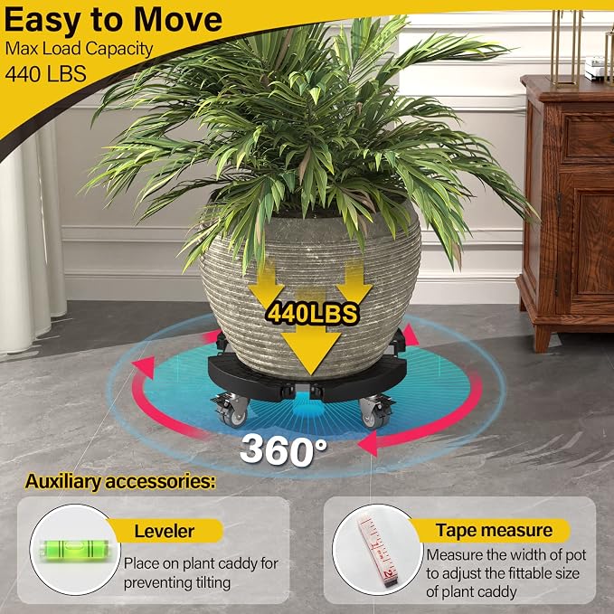 Goovilla Plant Stand with Wheels 440LBS Load,2Pack, Adjustable 15-22",Black | Heavy Duty Plant Caddy with Lockable Caster Wheels, Rolling Stand/Dolly/Roller for Indoor Outdoor Large Planter, Flower Pot