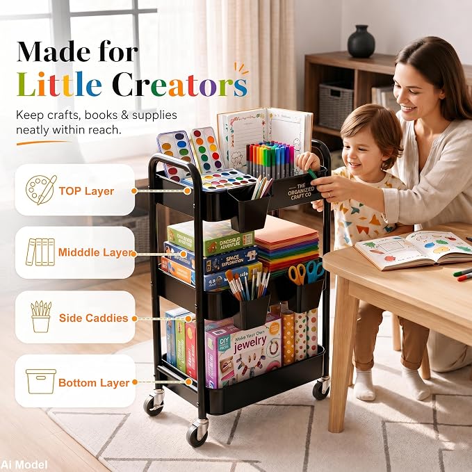 3 Tier Rolling Cart Metal with Wheels,Black Three Tiered Art Cart Organizer