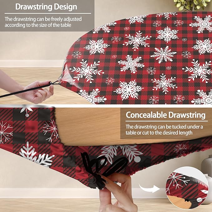 Fitted Christmas Round Tablecloth Waterproof Table Cloth Vinyl Indoor Outdoor Circle Cover for 36-44" Table Dining Living Room Kitchen Western Home Party Decor Gift Festival Family Essential