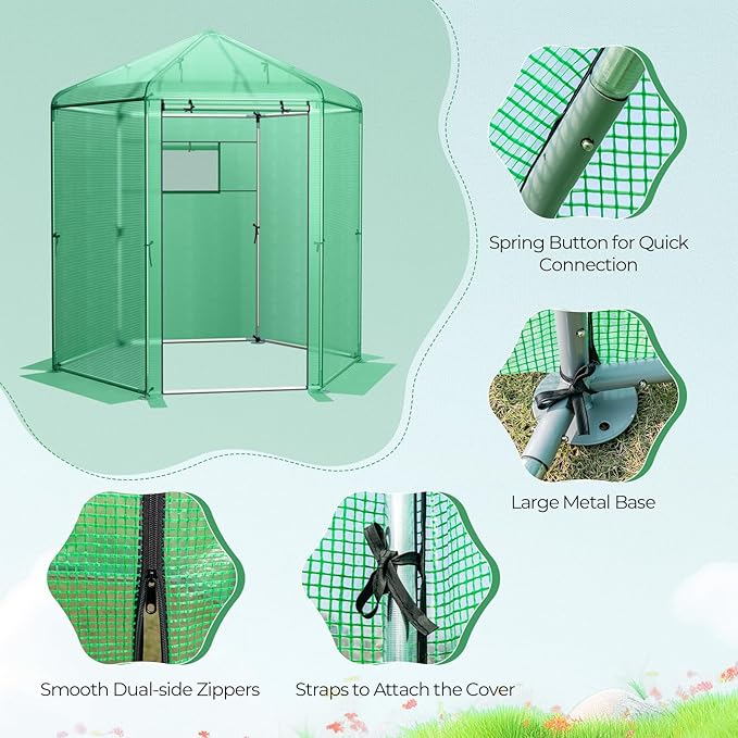 HAPPYGRILL 7 x 6 x 7.5 FT Walk-in Greenhouse, Large Outdoor Heavy Duty Greenhouse with PE Cover, Mesh Window & Roll-Up Door, Portable Greenhouses for Plant Gardening