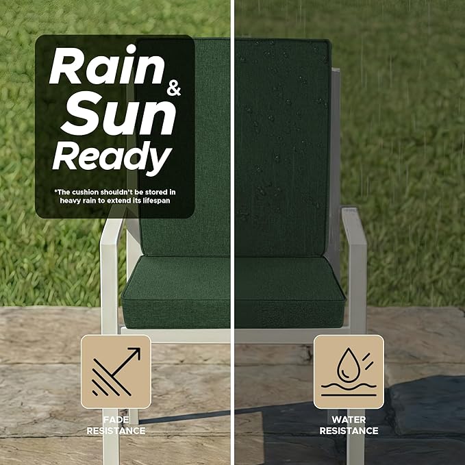 Outdoor Chair Cushions, Water-Resistant & Fade-Resistant, Patio Furniture Lawn Dining Chair Seat Replacement with Mid Back, Ties Zipper, Removable Cover, 18 x 16.5 Inch, Set of 4, Olive Green