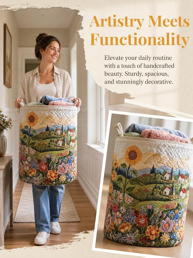 Quilted Laundry Basket with Handles, Boho Floral Quilted Storage Hamper, Large Capacity Laundry Hamper for Nursery Bedroom Laundry Room Home Decor (Pattern 09, Small (18"H x 14"W x 14"L))