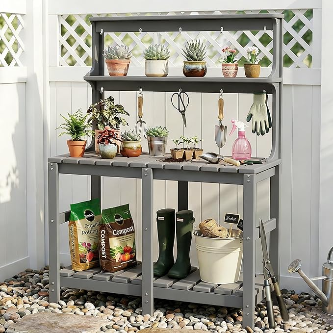 Outdoor Potting Bench with 3 Tier, All-Weather Patio Potting Table with Tool Hooks, HDPE Gardening Table for Backyard, Garden, Grey