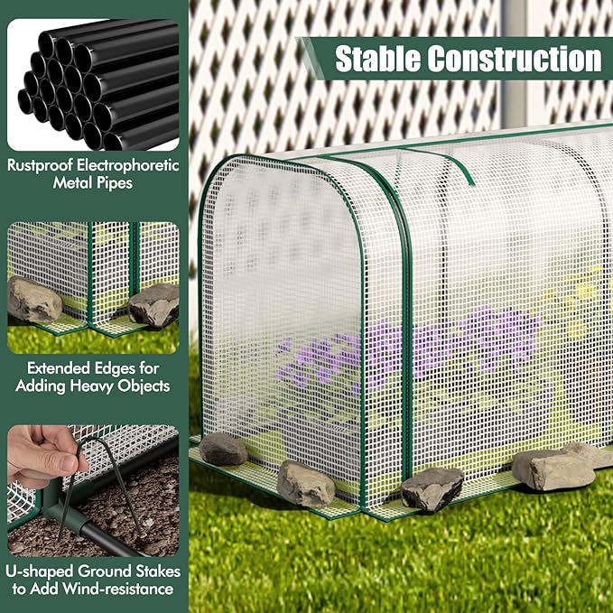 Happygrill Raised Garden Bed with Greenhouse Cover, Raised Bed with Legs & Drainage Holes for Herbs, Vegetables, Outdoor Wood Elevated Planter Box for Patio, Backyard, Balcony (White+Grey)