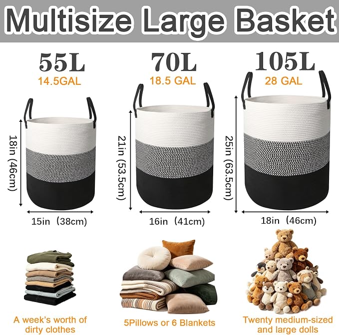 55L Woven Laundry Basket,Large Clothes Hamper with Handles-Black