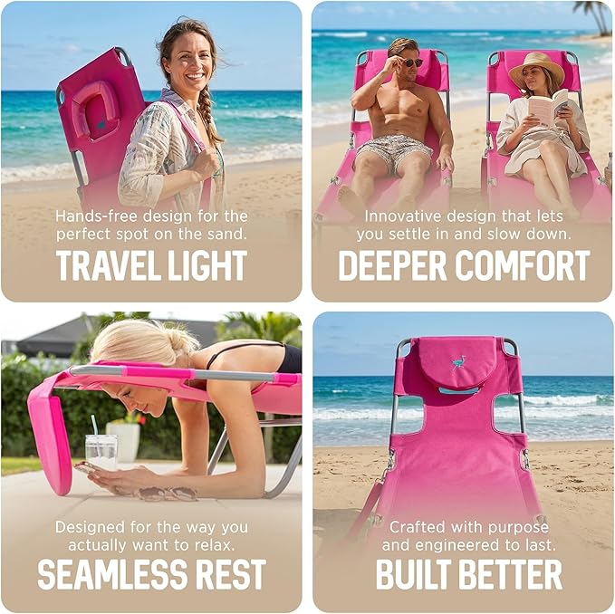 Ostrich the Original Chaise 72 x 22 Inch Lounge Portable Reclining Lounger, Outdoor Patio, Beach, Lawn, Camping, or Pool Tanning Chair, Pink