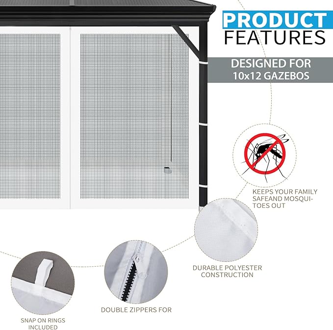 Gazebo Universal Replacement Mosquito Netting, 10' x 12' Outdoor Mesh Netting Screen 4-Panel Sidewall with Zipper for Patio Canopy Garden Porch Pergolas and Backyard, White(Mosquito Net Only)