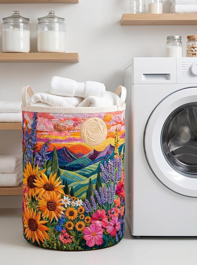 Quilted Laundry Basket with Handles, Boho Floral Quilted Storage Hamper, Large Capacity Laundry Hamper for Nursery Bedroom Laundry Room Home Decor (Pattern 12, Medium (22"H x 16"W x 16"L))