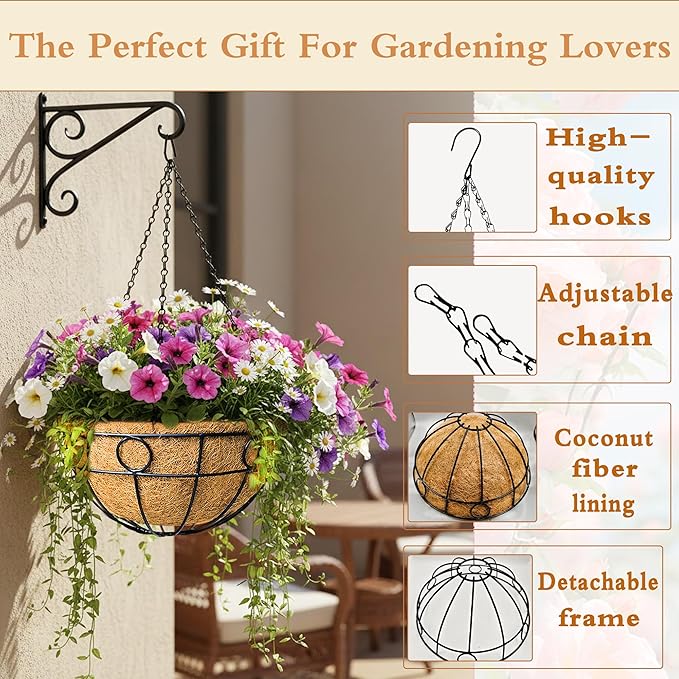 2 Pack 12" Round Metal Hanging Basket for Outdoor Plants Durable Large Hanging Planter with Coco Coir Round Plant Holders Planter for Outside Garden Decoration (Circular)