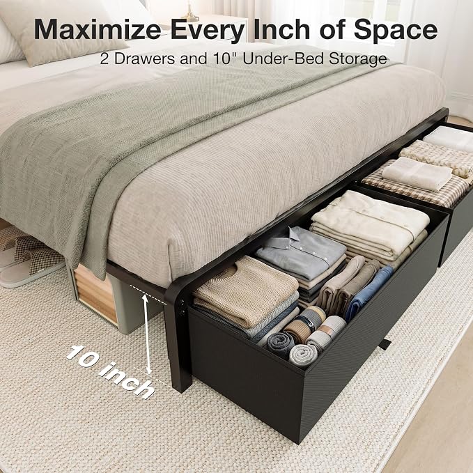 Queen Bed Frame with 2 Storage Drawers, Grey Upholstered