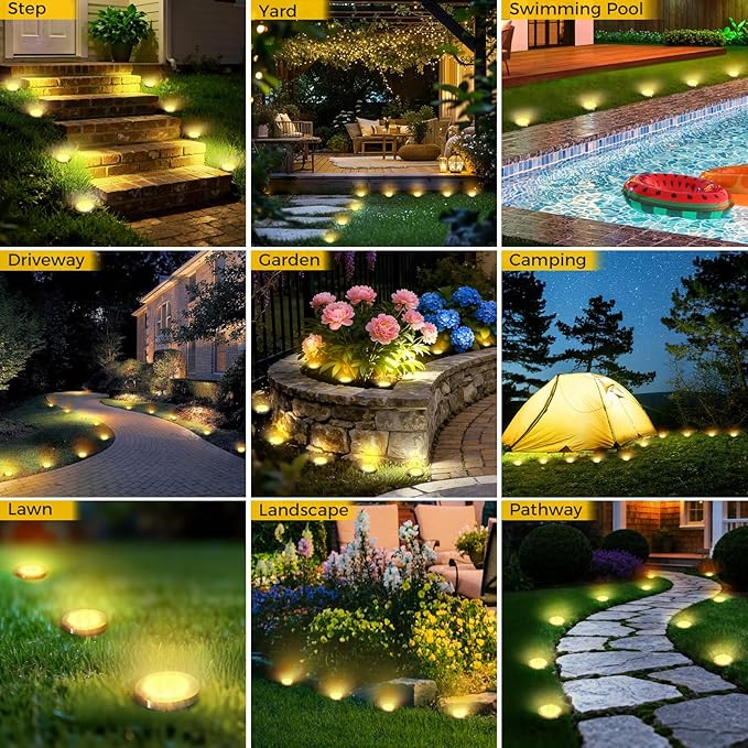 6 Pack Solar Ground Lights Outdoor, 8 LED Mini Flat Solar Disk Lights, IP65 Waterproof Anti-Rust Disc Light, Landscape Lighting for Garden Pathway Yard Walkway Driveway Lawn,Warm White