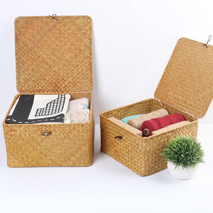 Moosky Wicker Shelf Baskets with Lid, Handwoven Seagrass Storage Basket Bins Square Gift Boxes for Shelves Home Decor Organizer (Natural, Medium)