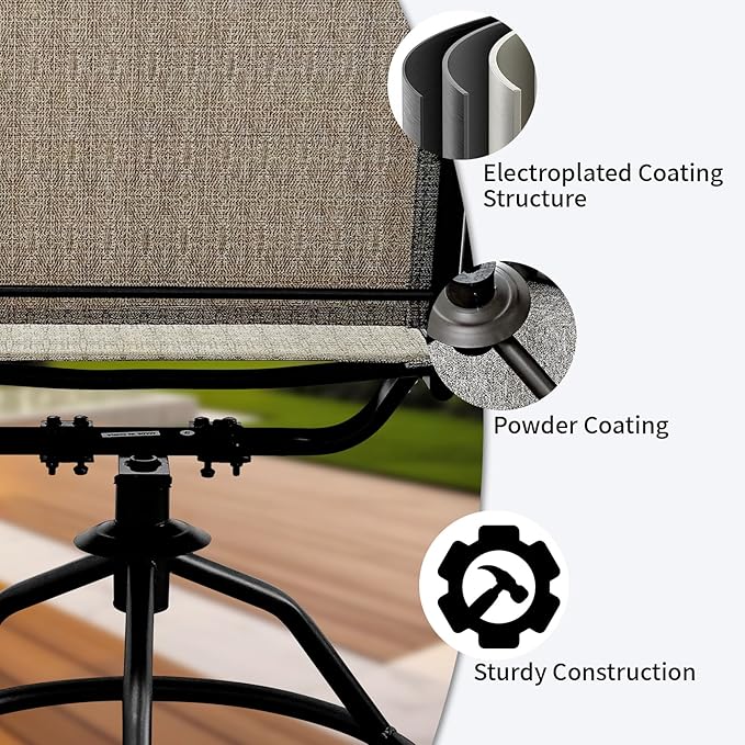 SHGJ&SOFT Patio Swivel Chairs, Waterproof Outdoor Dining Chairs with All-Weather Textilene Mesh for Deck, Garden, and Backyard (Plain Backrest-Brown, Set of 2)