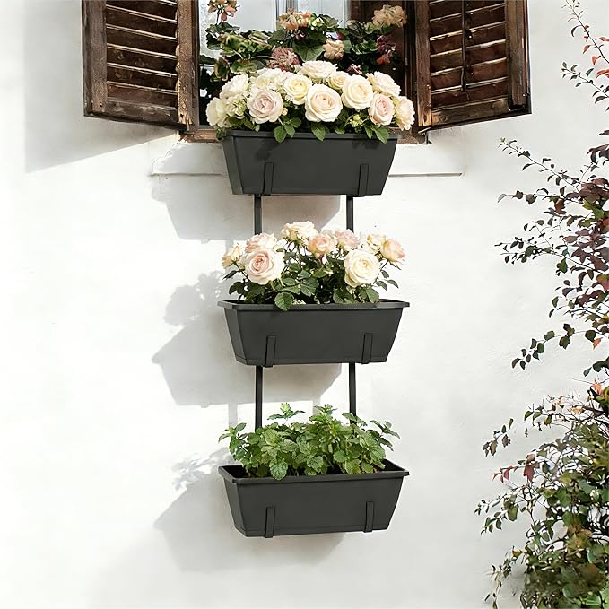 OYEAL Railing Planter Box 3-Tier Vertical Hanging Planters Outdoor with Adjustable Brackets & Drainage Tray Window Boxes Planters for Indoor Outdoor Garden, Patio, Home, Balcony Decor Gray