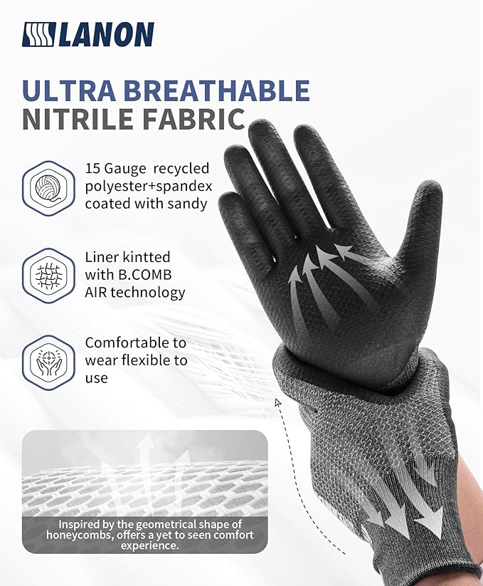 LANON Gardening Gloves for Men Women, 2 Pairs Nitrile Coated Garden Gloves with Grip, Breathable B.COMB AIR Technique, Dusty Olive & Bluebird, Large